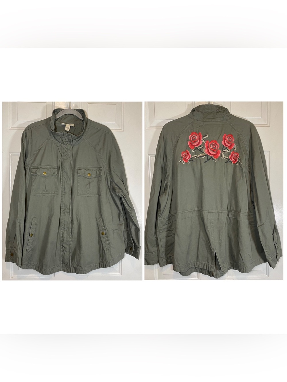 Style & Co. 100% Cotton Rose Embroidery Green Full Zip Up Jacket Size 3X Womens